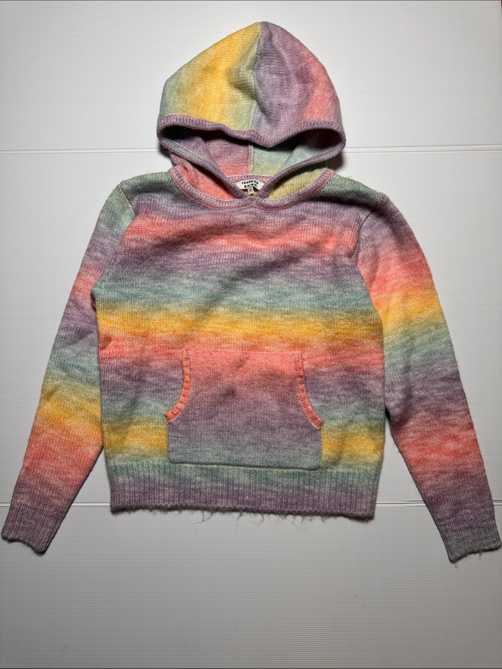 FRANKIE'S BIKINIS Aiden Knit Pastel Rainbow Hooded Sweater Front Pouch Pocket S